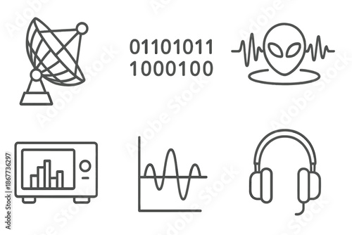 SETI Signal Icons. Line style icons of SETI Signal Search: large radio dish, binary code stream, alien waveform, spectrum analyzer
