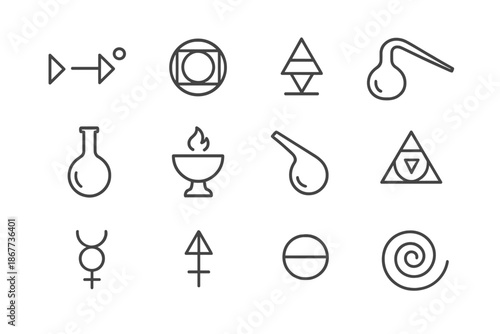 Line Style Alchemy Icons. Line style icons of Hermetic Alchemy: Transmutation, Prima Materia, Alchemical Symbol, Flask; Alembic,