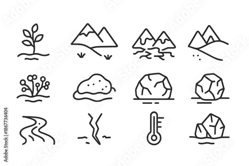 Permafrost Monitoring Icons. Line style icons of Permafrost Monitoring: Shrub Growth, Tundra, Melting Permafrost, Changing