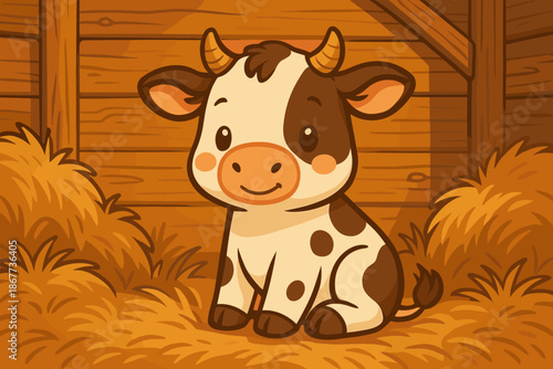 Charming Rustic Barn. Adorable cow in a vector illustration wooden barn surrounded by rustic hay, warm golden tones, charming and