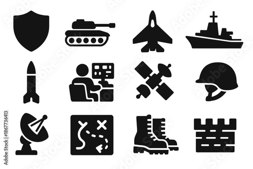 Military Strategy Icons. Solid style icons of military strategy: defense shield, tank silhouette, fighter jet, naval destroyer,