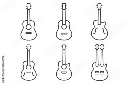 Guitar Icon Styles. Line style icons of Guitar Styles and Variants: dreadnought shape, classical guitar, archtop outline, hollow