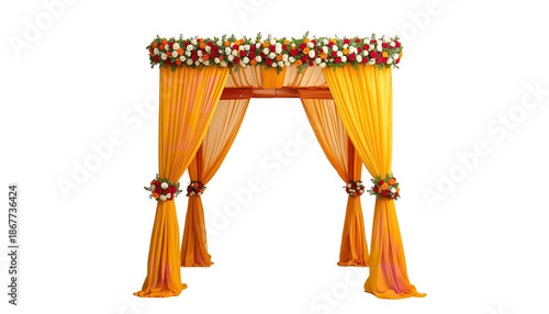 A beautifully decorated yellow wedding arch with flowers on transparent background