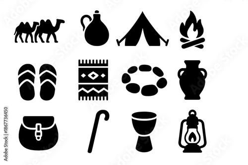 Nomadic Desert Icons. Solid style icons of Nomadic Desert Life: Camel Caravan, Water Skin, Tent, Fire Pit, Sandals, Woven Blanket,