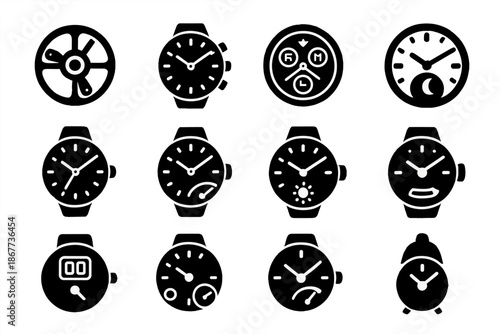 Watch Complication Icons. Solid style icons of Watch complications: tourbillon, chronograph, perpetual calendar, moonphase, GMT