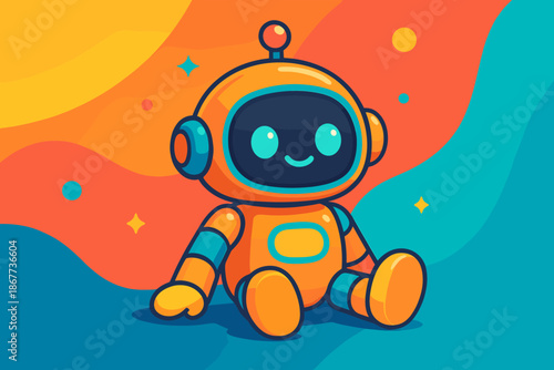 Playful Robot Illustration. Playful toy robot resting on a colorful background with vibrant tones, cheerful vector illustration