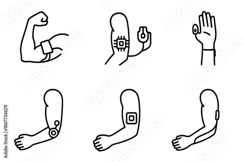 Wearable Tech Icons. Line vector icons of wearable arm augmentation tech: flex module, microchip insert, fingertip sensor, motion
