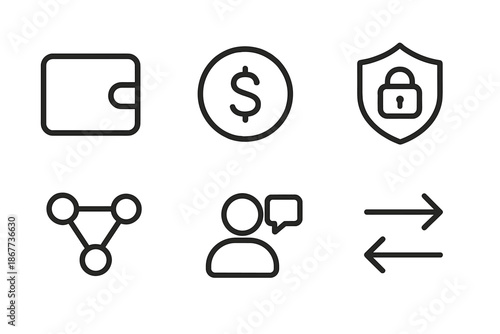 Payment Module Icons. Line vector icons of social payment module: light wallet frame, currency circle, node chain, security
