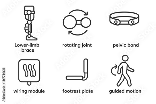 Powered Rehab Exosuit Icons. Line vector icons of powered rehab exosuit: lower-limb brace, rotating joint, pelvic band, wiring