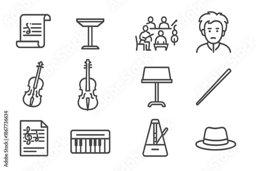 Abandoned Music Icons. Line style icons of Abandoned Music: Unfinished Score, Conductor's Podium, Silent Orchestra, Lost Genius;