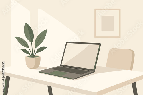 Minimalist Workspace Design. Minimalist modern workspace with a sleek vector illustration desk, laptop, and potted plant,