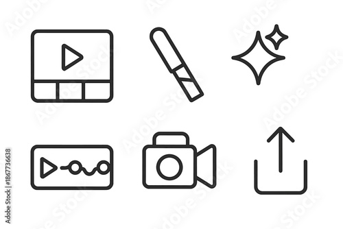 Video Editing Icons. Line vector icons of fast reel-making platform: tiled video card, edit blade, shimmer star, motion timeline,