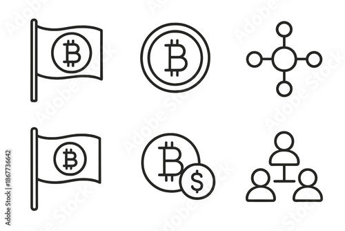 Digital Tribe Flag Icons. Line vector icons of digital tribe flag with coin: cloth outline, currency circle, node grid, pole