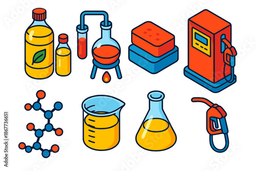 Oleochemistry Icons Set. Isometric vector illustration set Oleochemistry: vegetable oil bottles, chemical reaction setups, soap