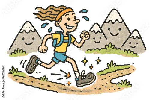 Whimsical Ultramarathon Adventure. Whimsical doodle ultrarunner on a trail with smiling feet, cartoon sweat drops bouncing,