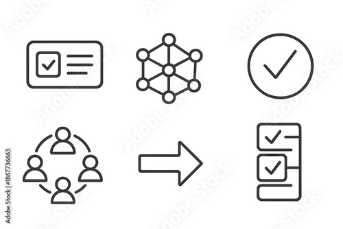 Consensus Voting Icons. Line vector icons of online consensus voting: vote card, mesh nodes, circle check, transmission arrow,