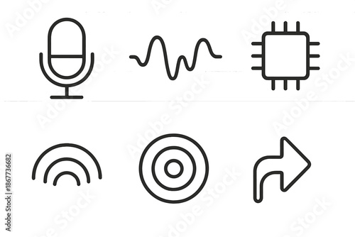 Voice Synthesis Icons. Line vector icons of digital voice synthesis: recording mic, synthetic wave, electronic block, audio arc,