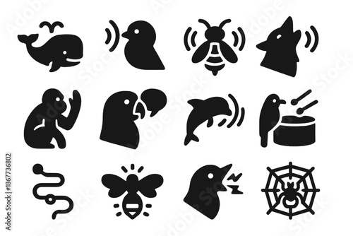 Animal Communication Icons. Solid style icons of communication in animals: whale song wave, bird call symbol, bee dance, wolf howl