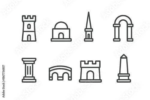 Tiny Giant Structures Icons. Line style icons of tiny giant structures: small tower, minimal dome, micro spire, miniature gate,