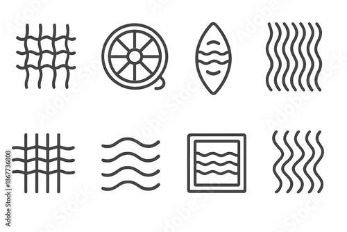 Tidal Loom Icons. Line style icons of tidal loom interfaces: tide pattern, thread wheel, wave shuttle, rhythmic flow, woven line,
