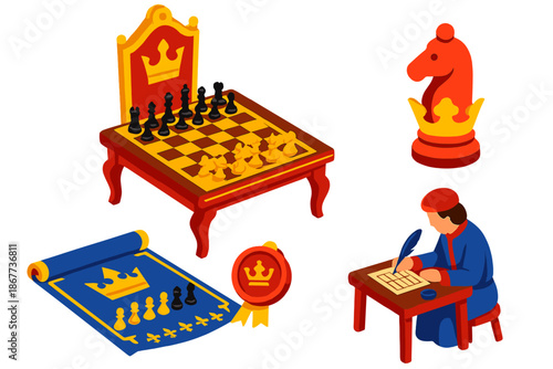 Royal Chess Match. Isometric vector illustration set Game of Kings: Elaborate throne-side board, royal seal on piece, ceremonial