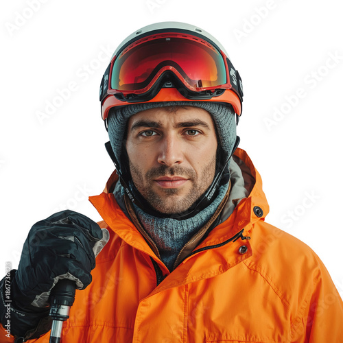 Woman Wearing Orange Ski Gear Holding a Ski Pole Outdoors on a Snowy Mountain