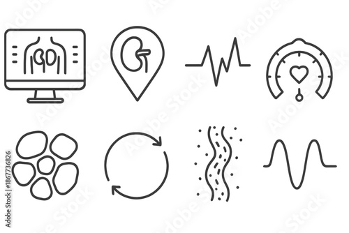 Organ Diagnostics Icons. Line style icons of internal organ diagnostics: system scan, organ map, heartbeat line, function gauge,