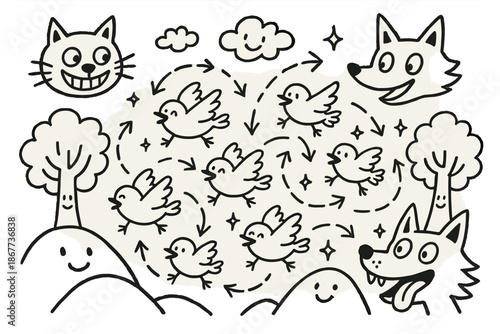 Happy Bird Escape Routes. Playful doodle flock safety illustration with happy birds, cartoon predators watching, smiling trees and