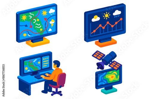 Weather Forecast Tools. Isometric vector illustration set Weather Forecasting Tools: Forecast model chart, meteorologist