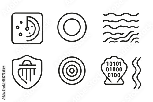 Marine Mystery Icons. Line style icons of marine mystery interfaces: sonar display, glowing circle, hidden pattern, mysterious