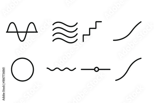 Rhythmic Pattern Icons. Line style icons of rhythmic progress patterns: oscillating wave, layered motion, step curve, gradual path