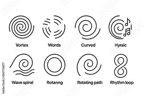 Whirlpool Rhyme Icons. Line style icons of whirlpool rhyme systems: vortex lines, spinning words, curved rhyme, lyrical flow, wave