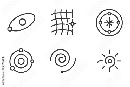 Astronomical Line Icons. Line style icons of astronomical notation systems: planetary orbit, cosmic grid, starlight mark,