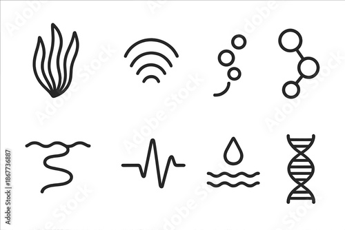 Algal Communication Icons. Line style icons of algal communication systems: algae strand, wavy signal, bubble line, cellular link,