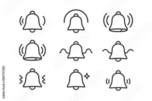 Gentle Bell Icons. Line style icons of gentle bell alerts: small ringing bell, smooth resonance, light echo arc, curved sound path