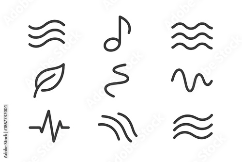 Natural Sound Icons. Line style icons of natural sound indicators: air ripple, curved tone mark, soft wave, leaf motion, flowing
