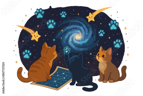 Galactic Feline Adventure. Cats discovering a new galaxy with star maps, glowing paw constellations, and friendly shooting stars