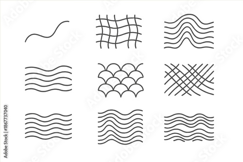 Marine Line Art. Line style icons of marine thread mapping: curved filament path, flowing line grid, underwater thread contour,