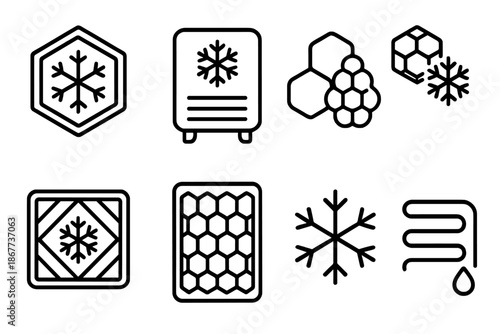 Apian Preservation Icons. Line style icons of apian preservation chambers: frozen hive cell, frost module, chilled pollen cluster,