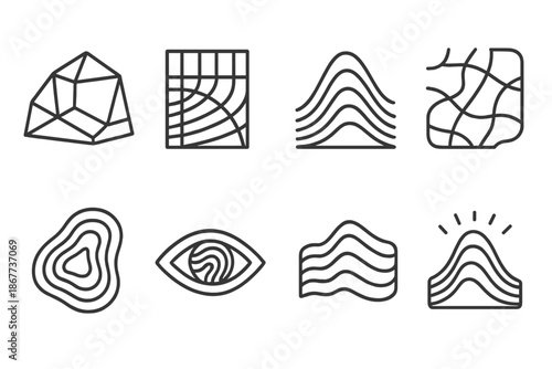 Geology Line Icons. Line style icons of optic geology systems: faceted slope, contour ridge grid, reflective terrain line,