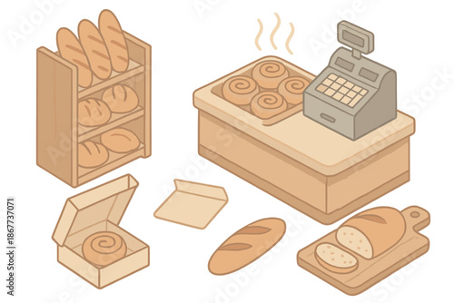 Warm Bakery Counter. Isometric vector illustration set Warm Bakery Counter: bread shelves, cinnamon rolls, cash register, pastry