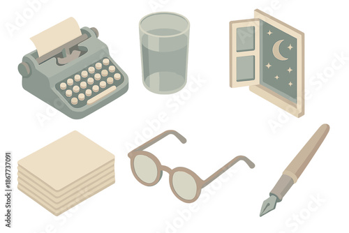 Vintage Writer's Night. Isometric vector illustration set Vintage Writer Night: typewriter keys like moon craters, glass of water,