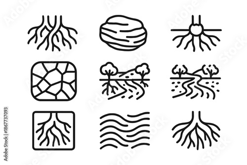 Root Defense Icons. Line style icons of rock defense root tracking: intertwined roots, layered rock contour, soil web, anchored