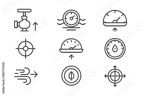 Motion Controller Icons. Line style icons of lightweight motion controllers: air lift regulator, floating stability dial, flight