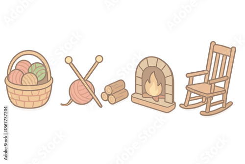 Fireside Craft Harmony. Isometric vector illustration set Fireside Craft Harmony: basket of colorful yarn, knitting needles
