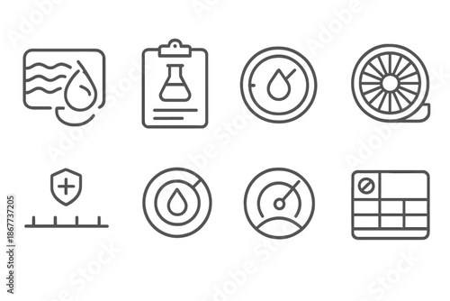 Purification Process Icons. Line style icons of purification tracking: clean flow tracker, chemical purity log, water clarity dial