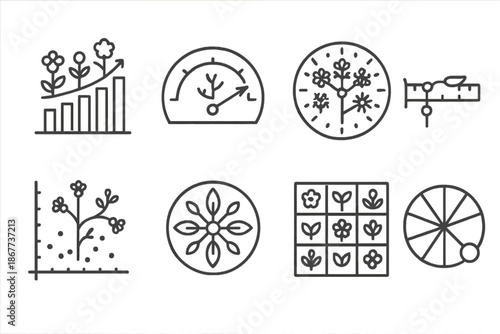 Plant Metric Icons. Line style icons of plant cluster metrics: bud density chart, branching ratio gauge, inflorescence count dial,
