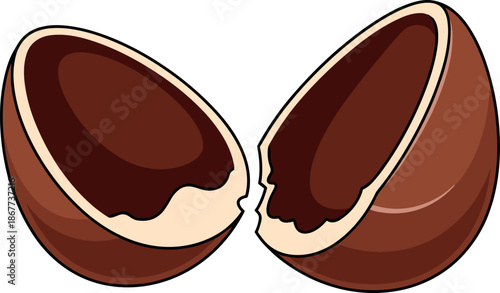A broken open hazelnut on a plain white background