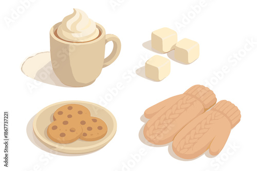 Winter Cocoa Treat. Isometric vector illustration set Winter Cocoa Treat: mug with whipped cream, melting marshmallows, cookie