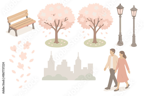 Urban Sakura Walk. Isometric vector illustration set Urban Sakura Walk: city park bench, blossoming trees, lamp posts, gentle
